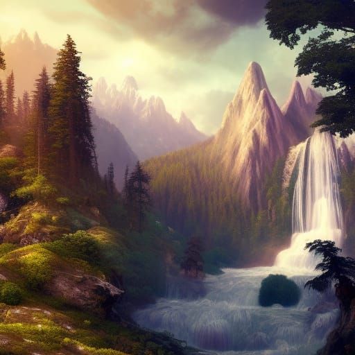 View of the mountains with lots of trees in a waterfall - AI Generated ...