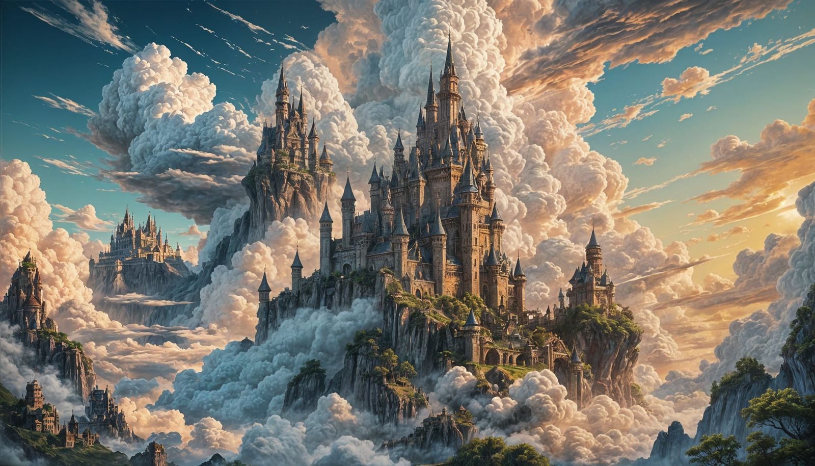 flying cloud castle, wanderers traveling from afar, creative...