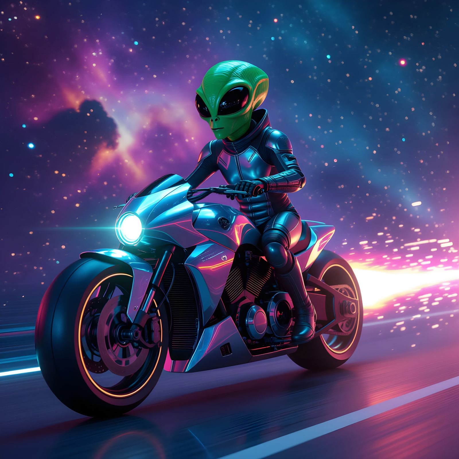 Alien Rider in Cosmic Nebula, Futuristic Motorcycle