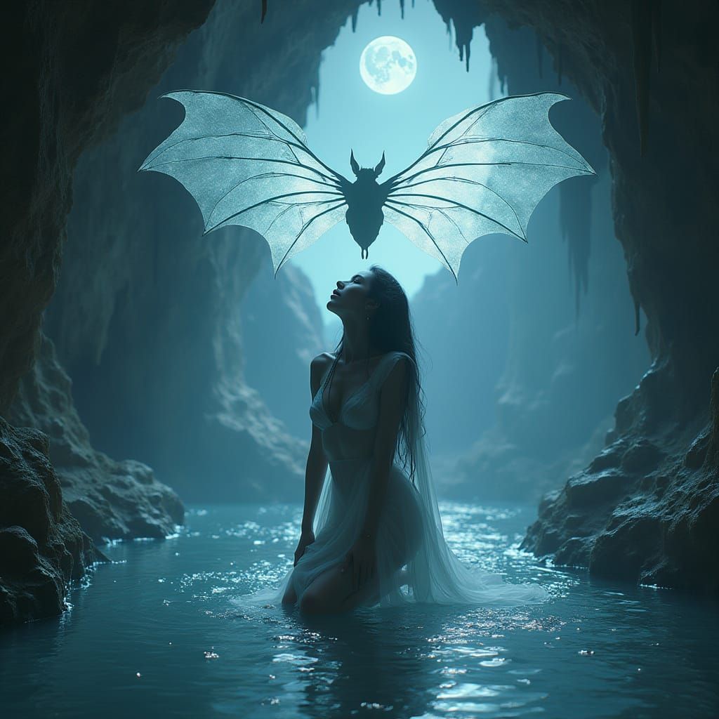 Moonlit Priestess in Sacred Lake with Bat God