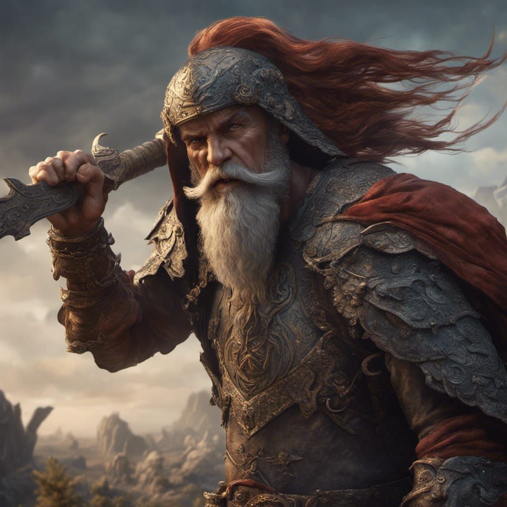 Strong, wise, aged, beard, scare on face, warrior, sword, sh...