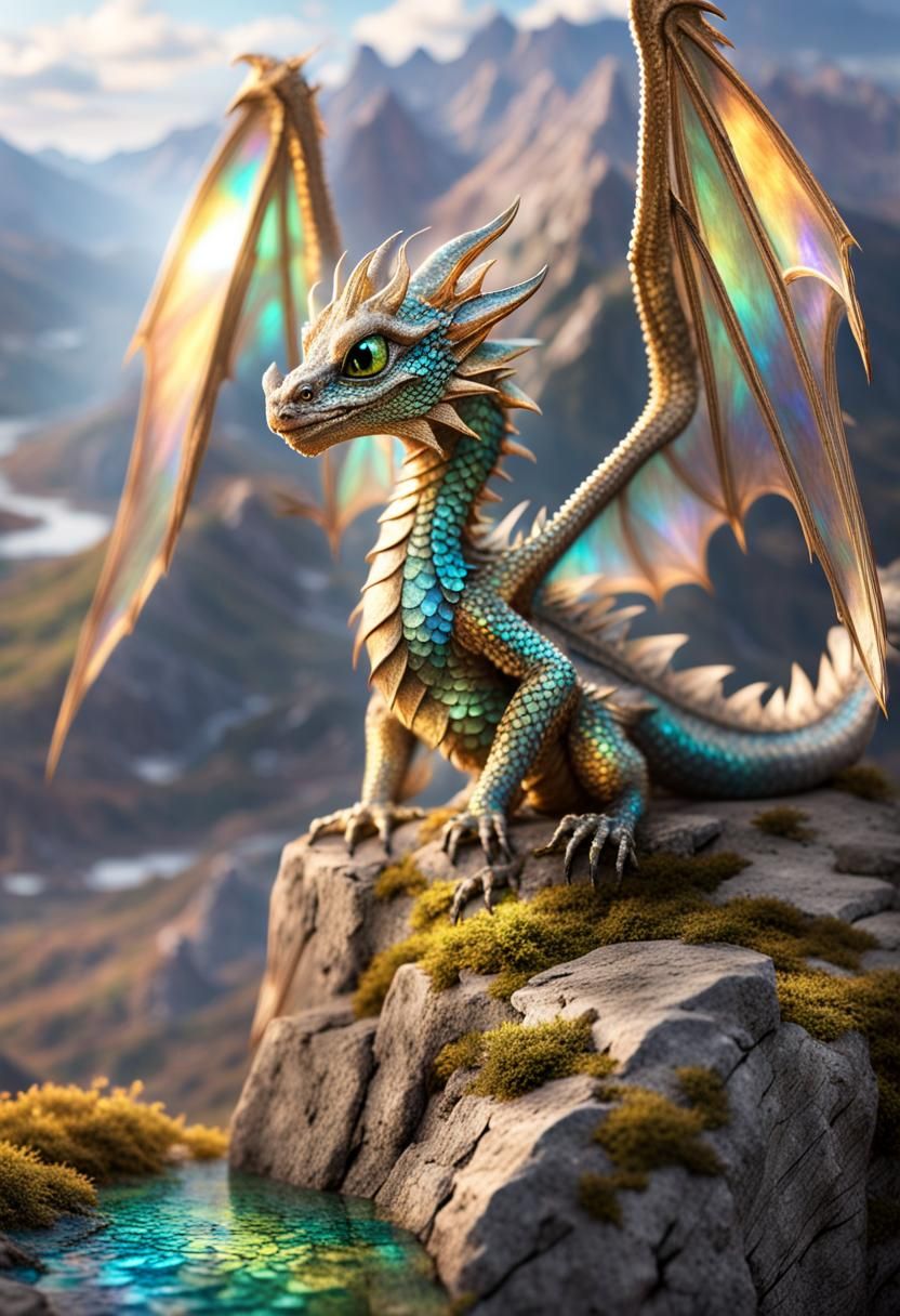pt: A playful miniature baby dragon, covered in iridescent s...