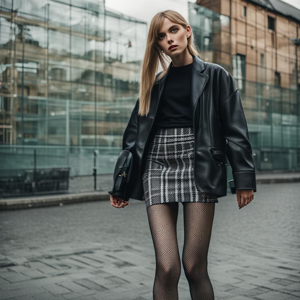 Woman in Fishnet Tights and Mini-Skirt