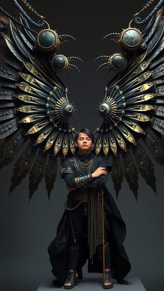 "Showing Off" - steampunk cybernetic gothcore artisan creating an intricate paid of massive wings out ...  by @PedroGasby