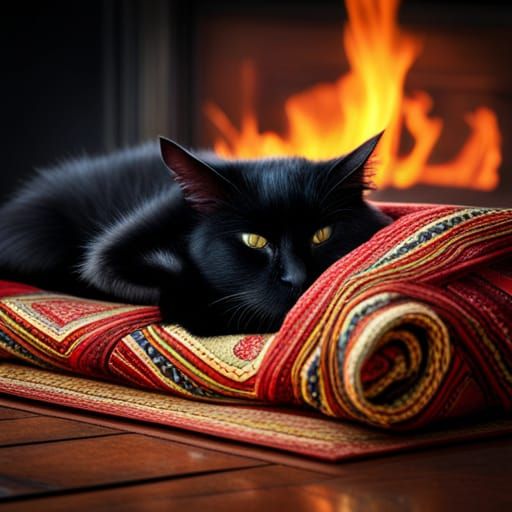 A black cat, sleeping in front of a fireplace, 8k resolution, a ...