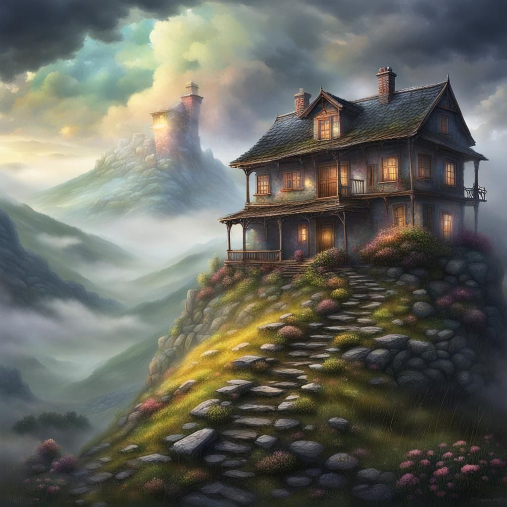Old house on peak, mountain, rain, pastells, fog, fantasy, v...