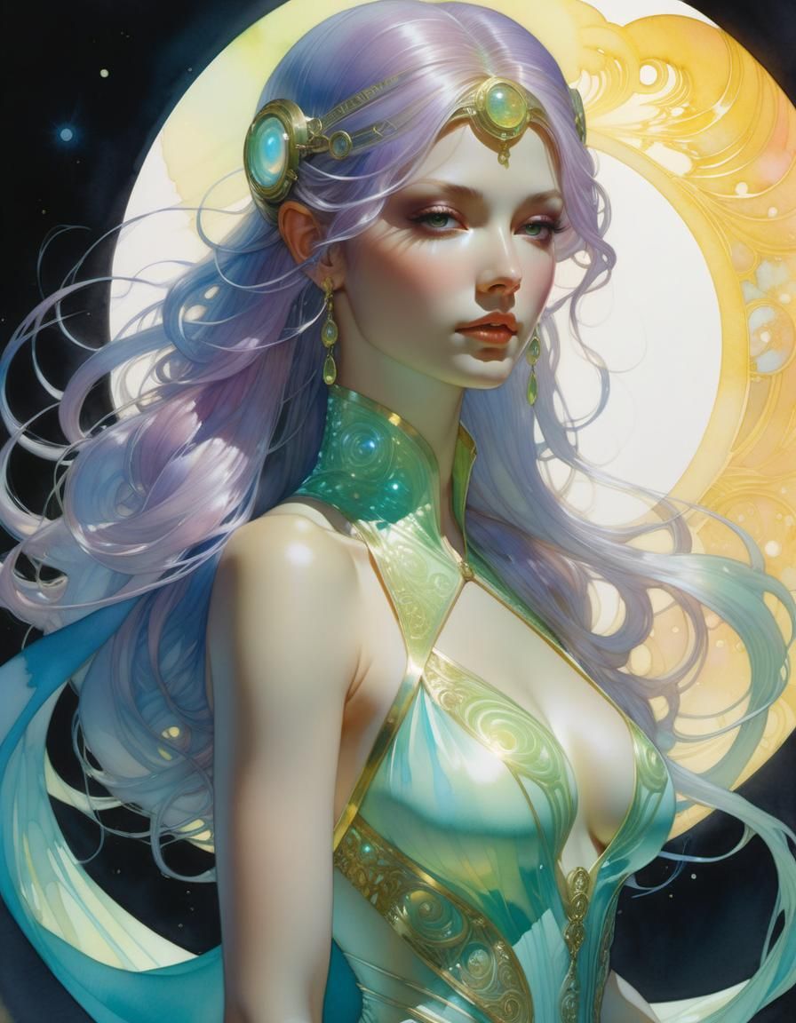 Glowing Woman in Slime: Watercolor Portrait