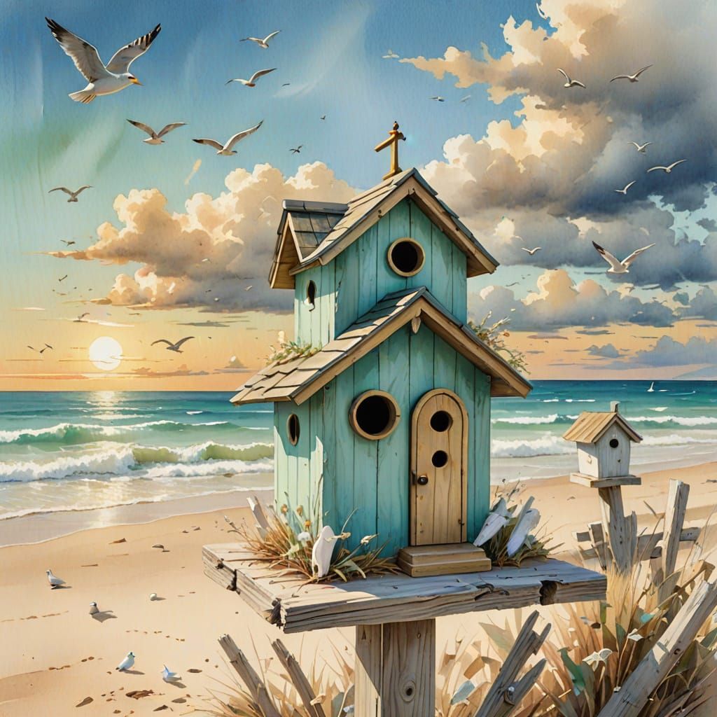 A birdhouse designed like a beach house, set near the ocean with just a couple of seagulls flying overhead ...  by @ PuppyMom