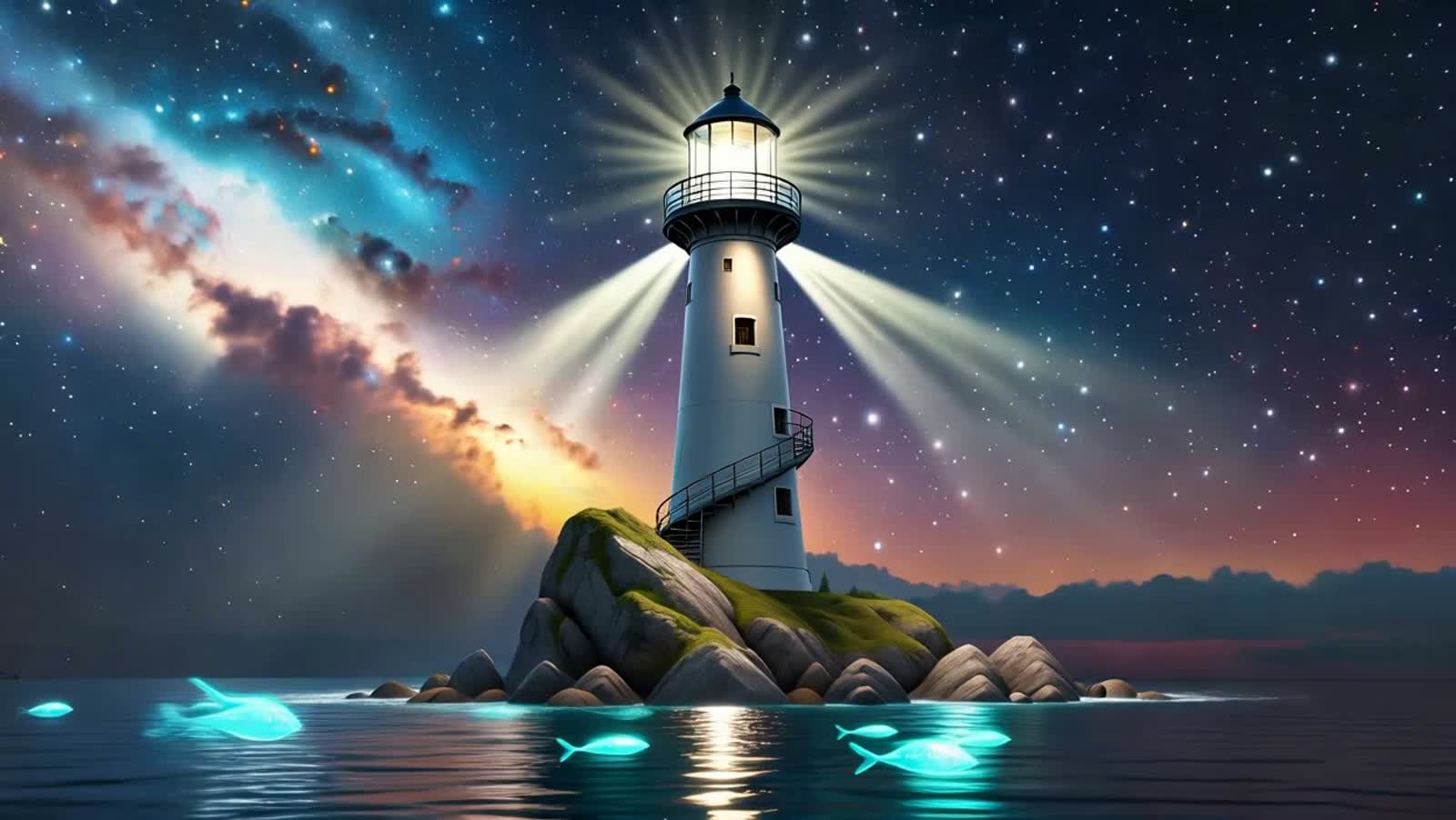 A majestic lighthouse stands tall on a rocky outcrop, its beam cutting through a swirling nebula. The sea below reflects...