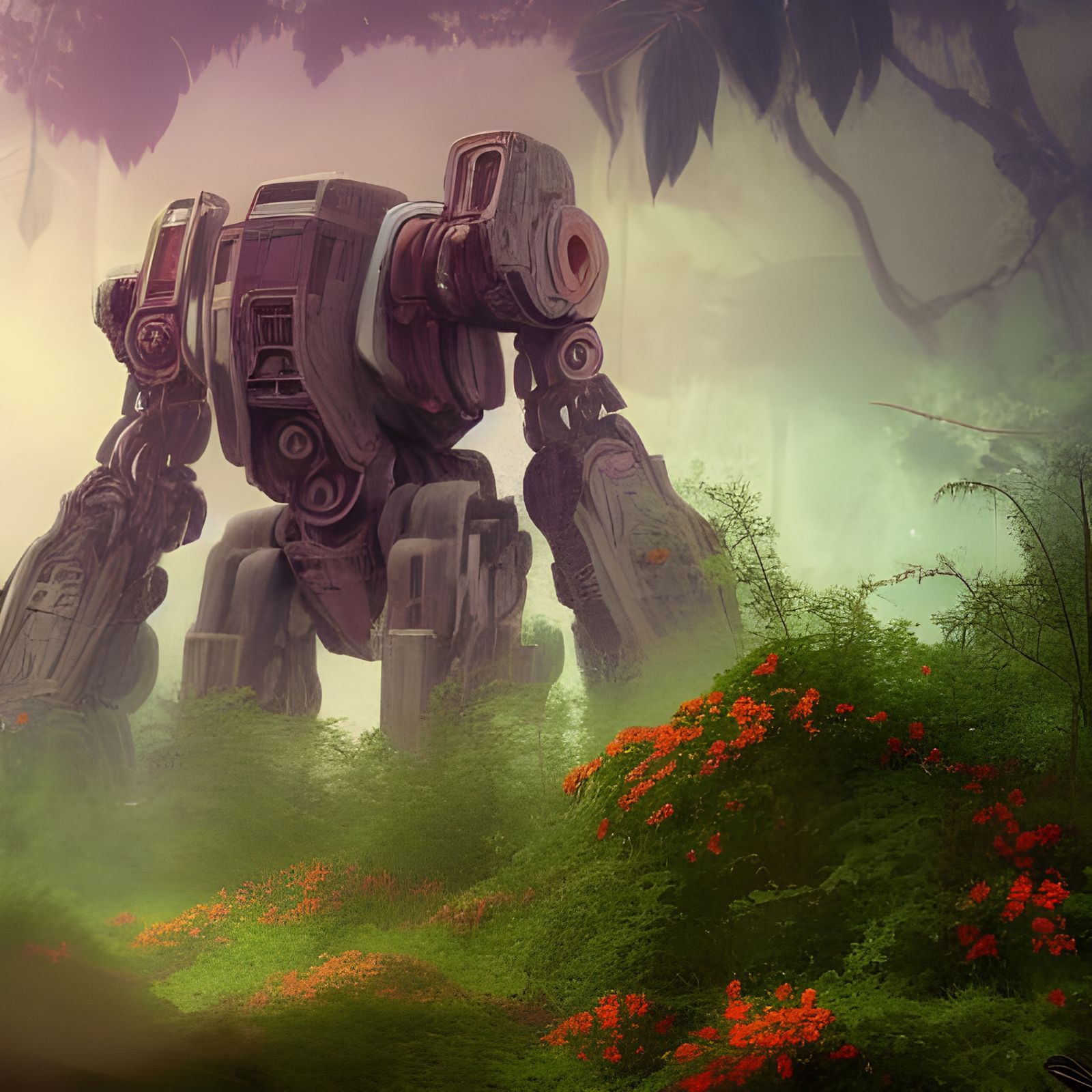 Battle Mech in overgrown garden - AI Generated Artwork - NightCafe Creator