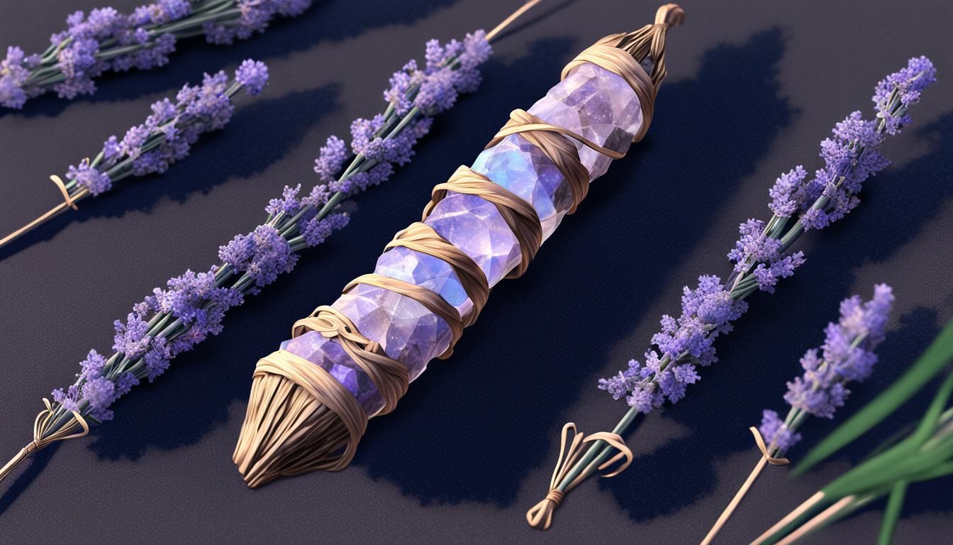 smudge stick, wrapped with lavender springs and clear quartz...