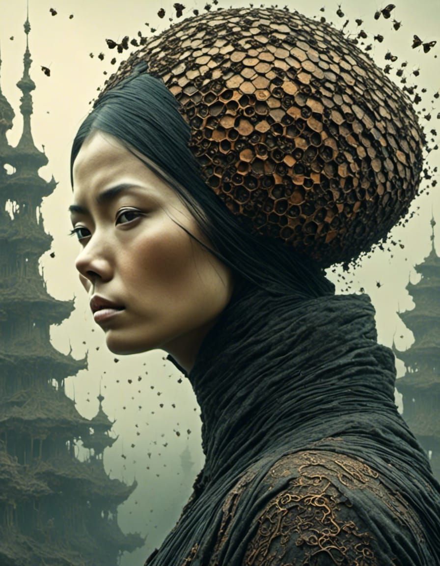 <lora:Creature2:1.0> <lora:AvantGarde:1.0> An Asian open bee...