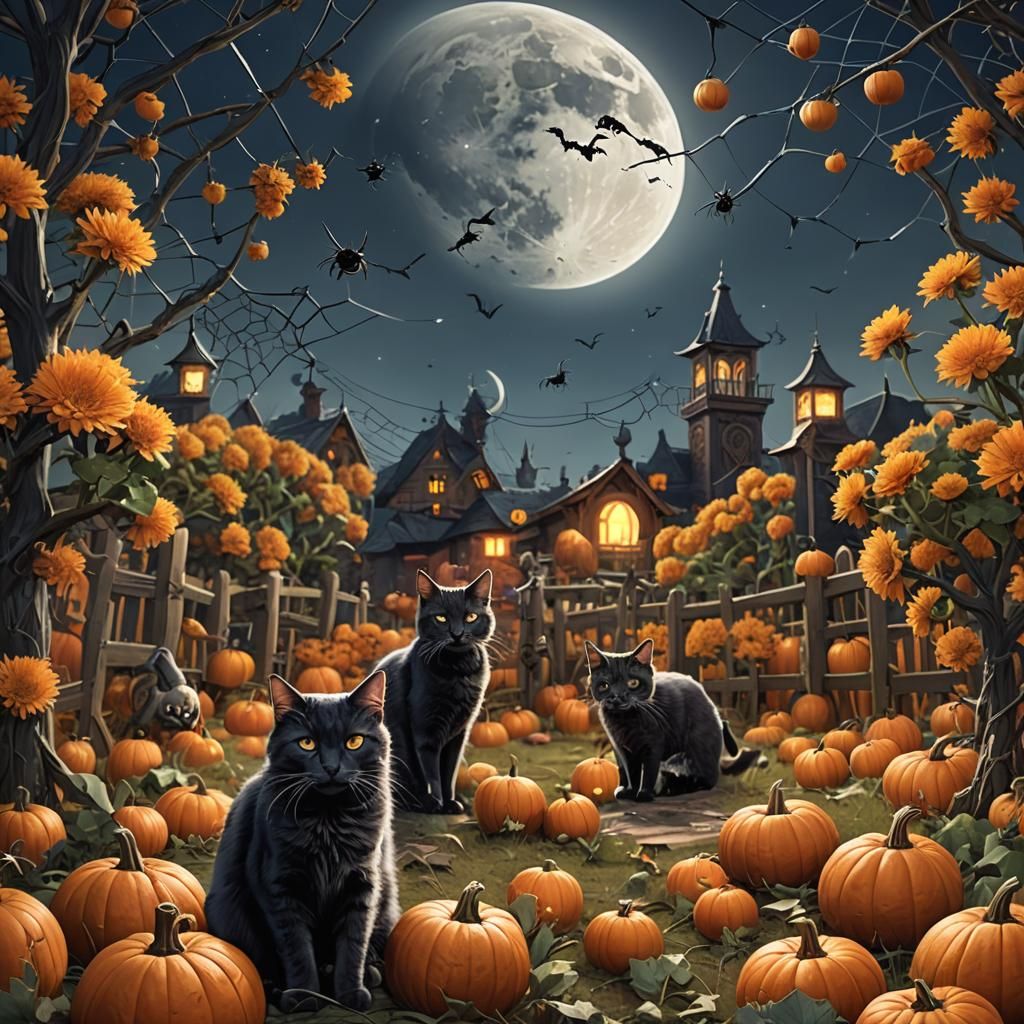One Full moon, two cats, pumpkin patch with mums, spider web...