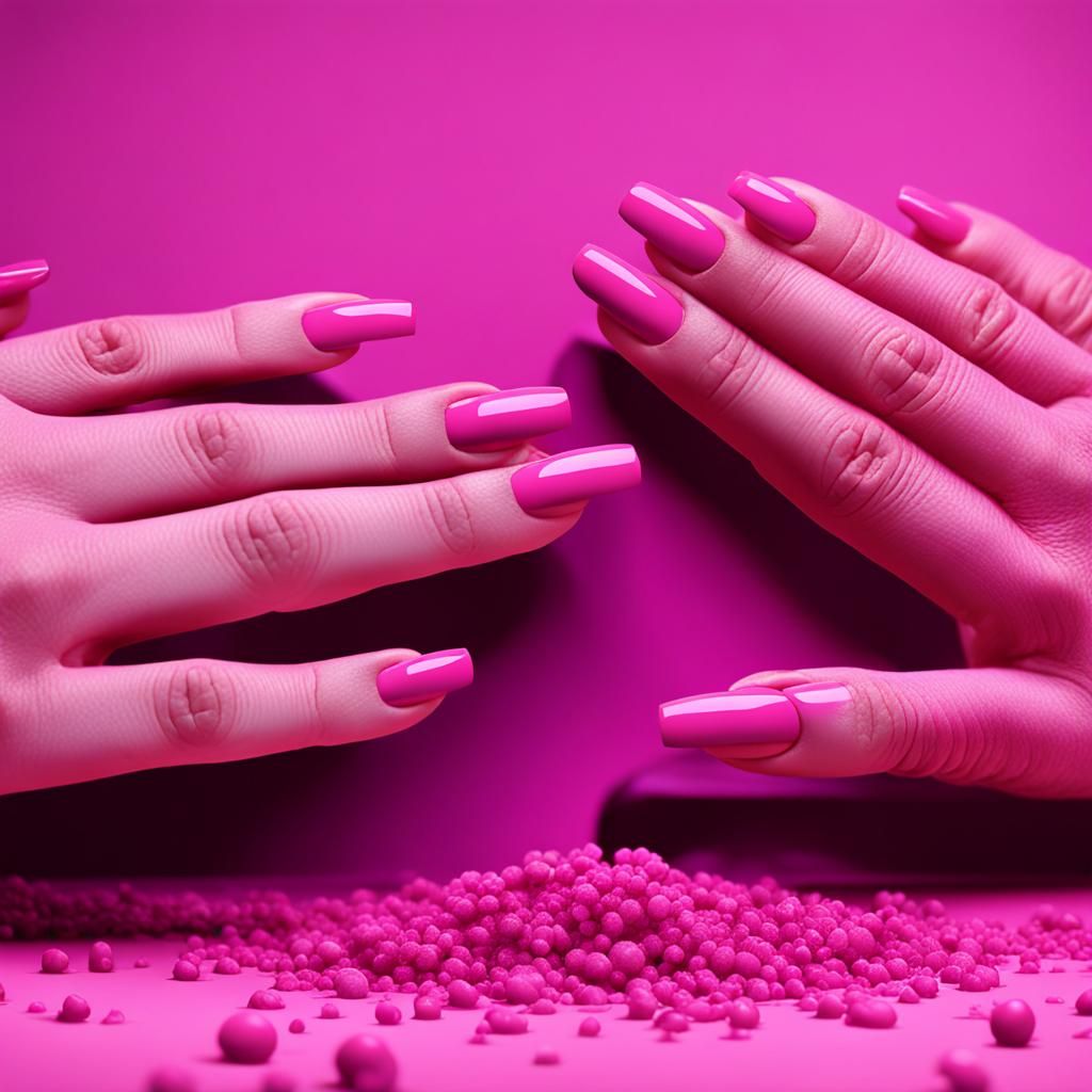 a man and a woman showing nails  colored same colours pink