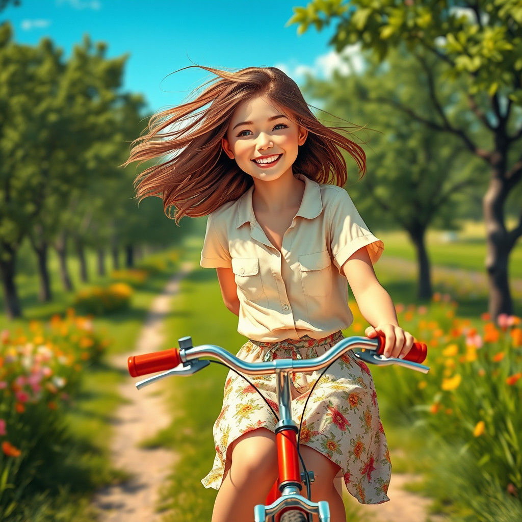 Girl on Bicycle on Sunny Summer Day