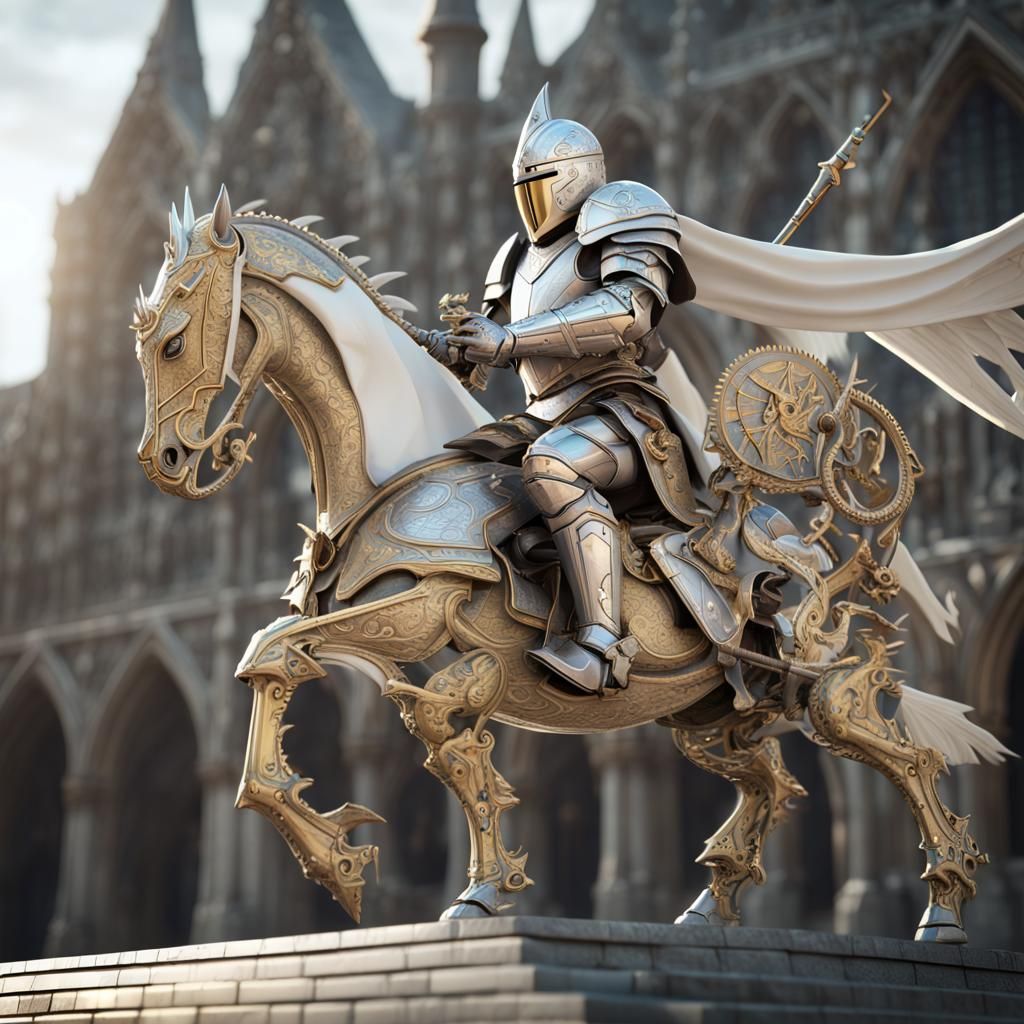 Medieval knight riding a white robot horse   by @BBG