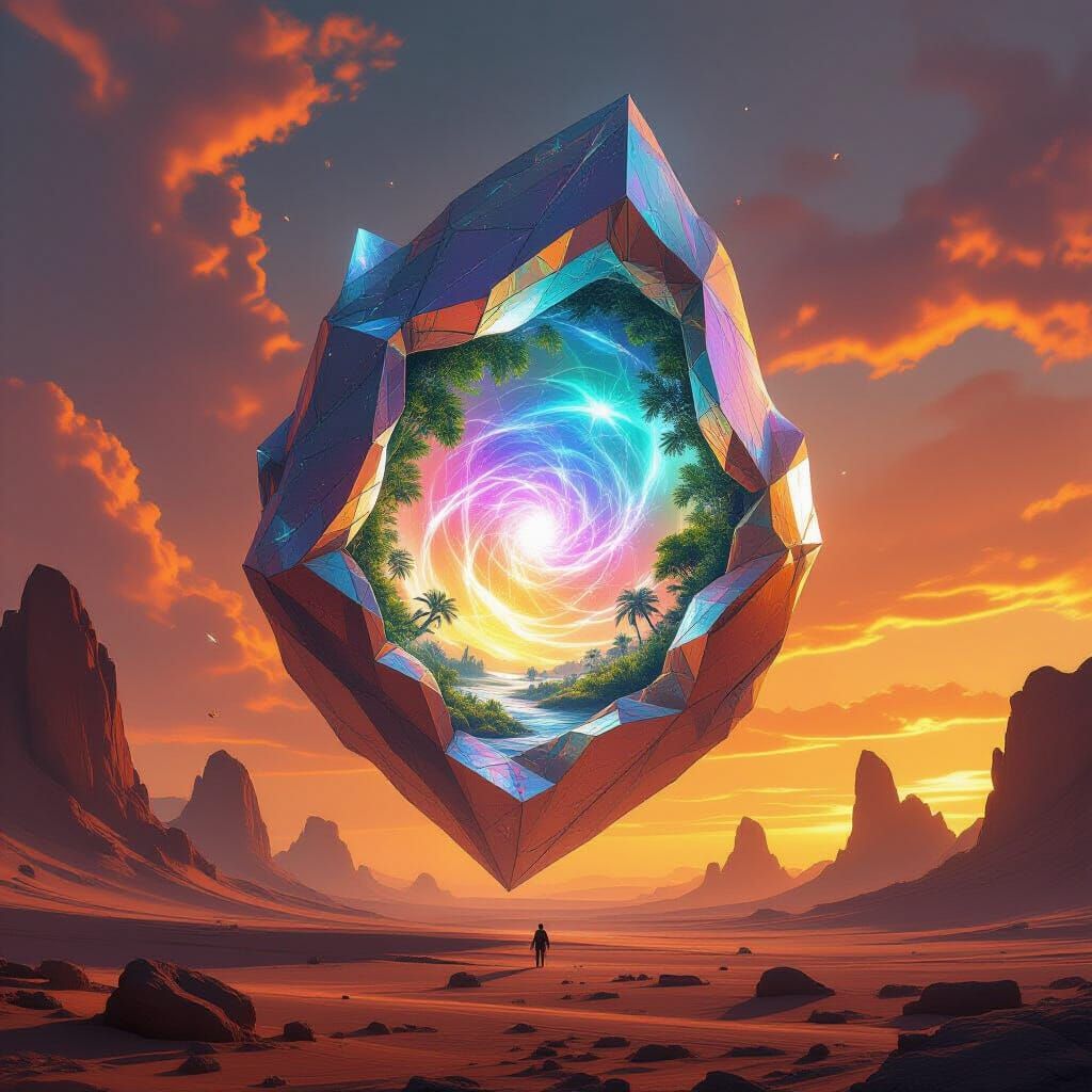 A colossal, crystalline structure, resembling a shattered geode, hovers above a desolate, alien desert. ...  by @Monarchs domain 