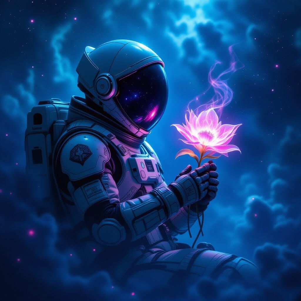 Gothic fantasy concept art. A lone astronaut floating in a nebula, clutching a glowing, ethereal flower. The scene is bathed in deep cosmic ...