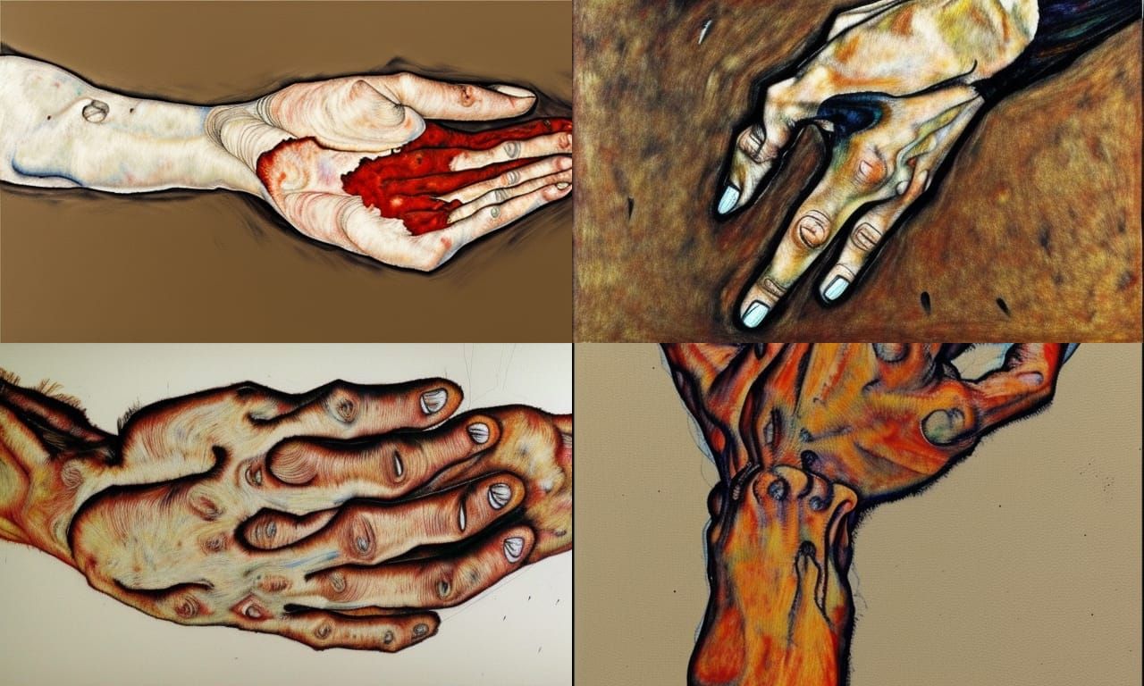 Schiele Feathered Human hand, turkey head for thumb, hyper r...
