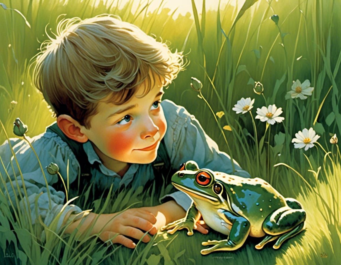 the cute little boy lies in the grass and talks to a cute fr...
