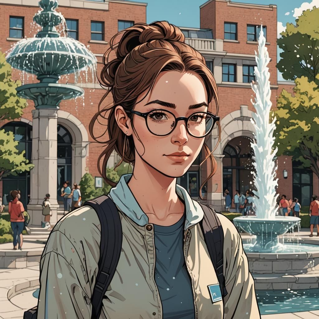 A young woman, late teens, brown hair tied into a ponytail,  glasses,  homely appearance,  large nose, thin, wearing a black T-shirt and blu...