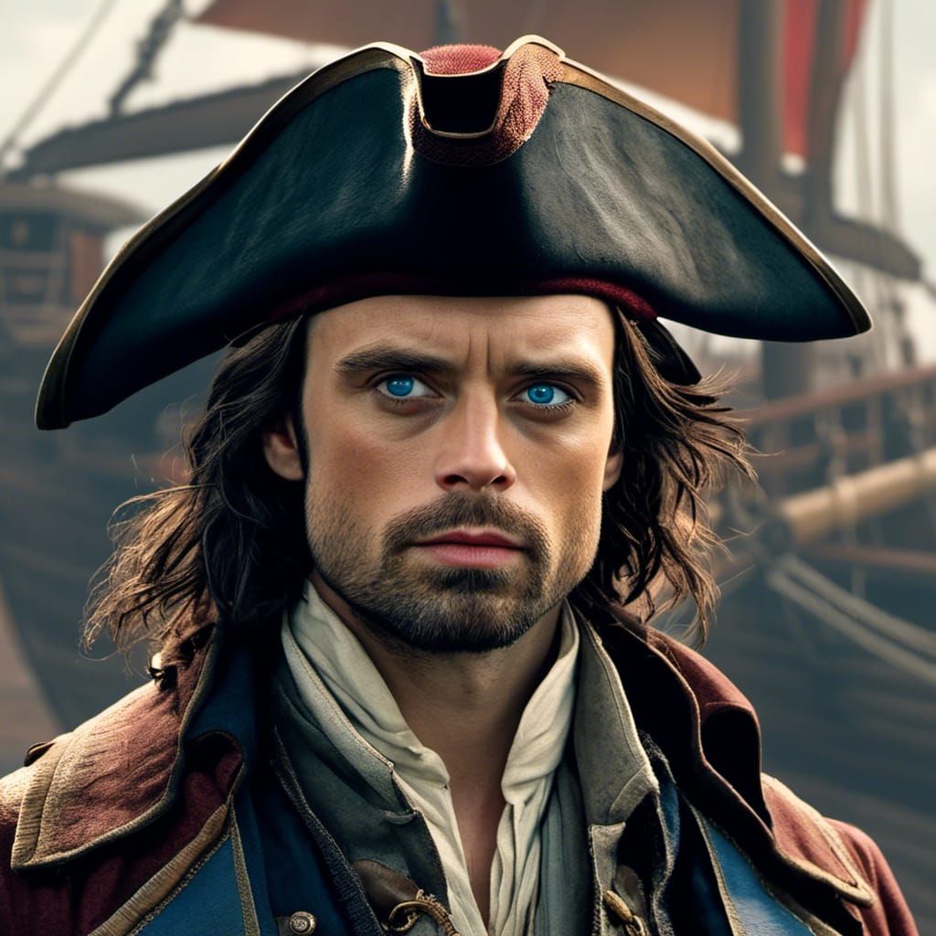 "Sebastian Stan as a pirate, on a ship with longer  hair,  p...