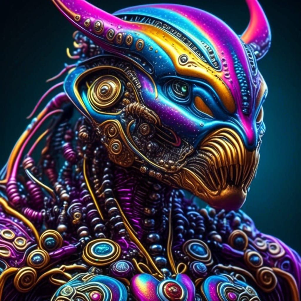 chest up portrait profile monster with visible musculature, elaborate inner workings in head, puppy in arms | soft sparkle mist, vibrant cos...