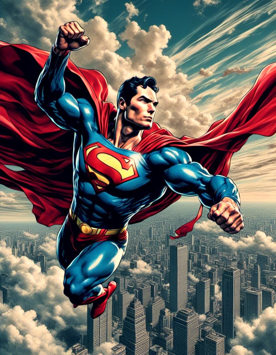 Superman flying in the sky <lora:Ukiyo-e:1.0><lora:Pop art:1.0>