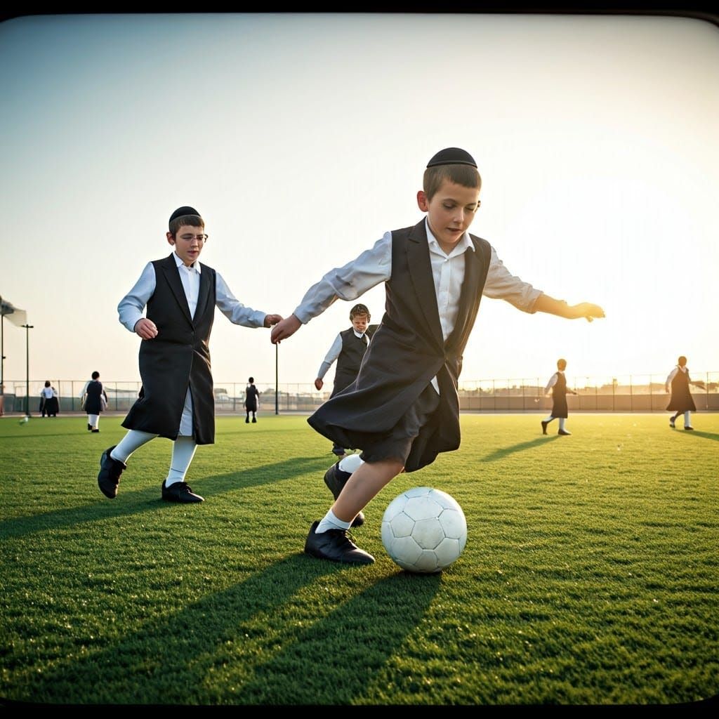 Joyful Hasidic Children Play Soccer in Vibrant 35mm Film Gra...