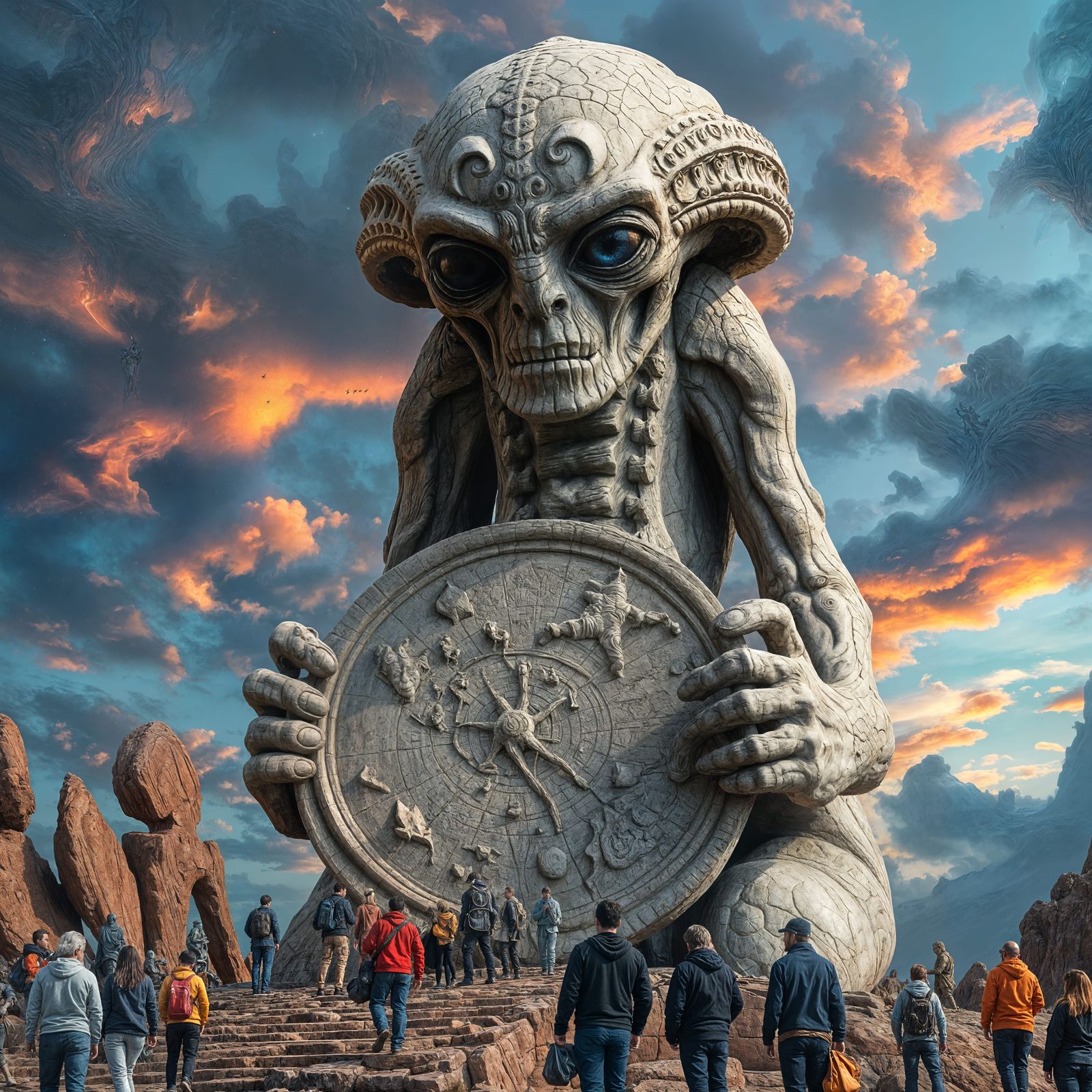 In a Remote Desert Canyon Tourists Visit Ancient Stone Sculpture of Alien Holding Star Map.  by @Morphesius 
