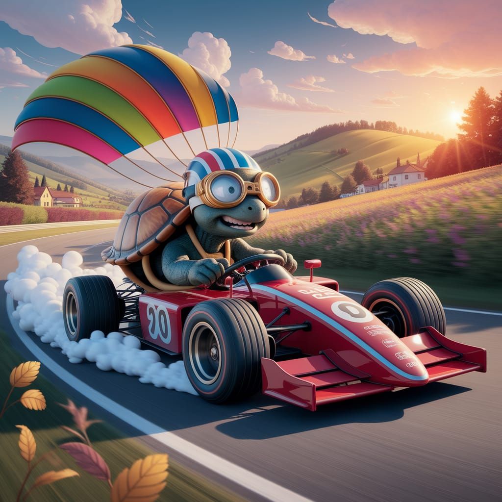 A hilarious cartoon of a turtle wearing oversized racing goggles and a tiny helmet, driving a roaring Formula-1 race car at full speed. The ...
