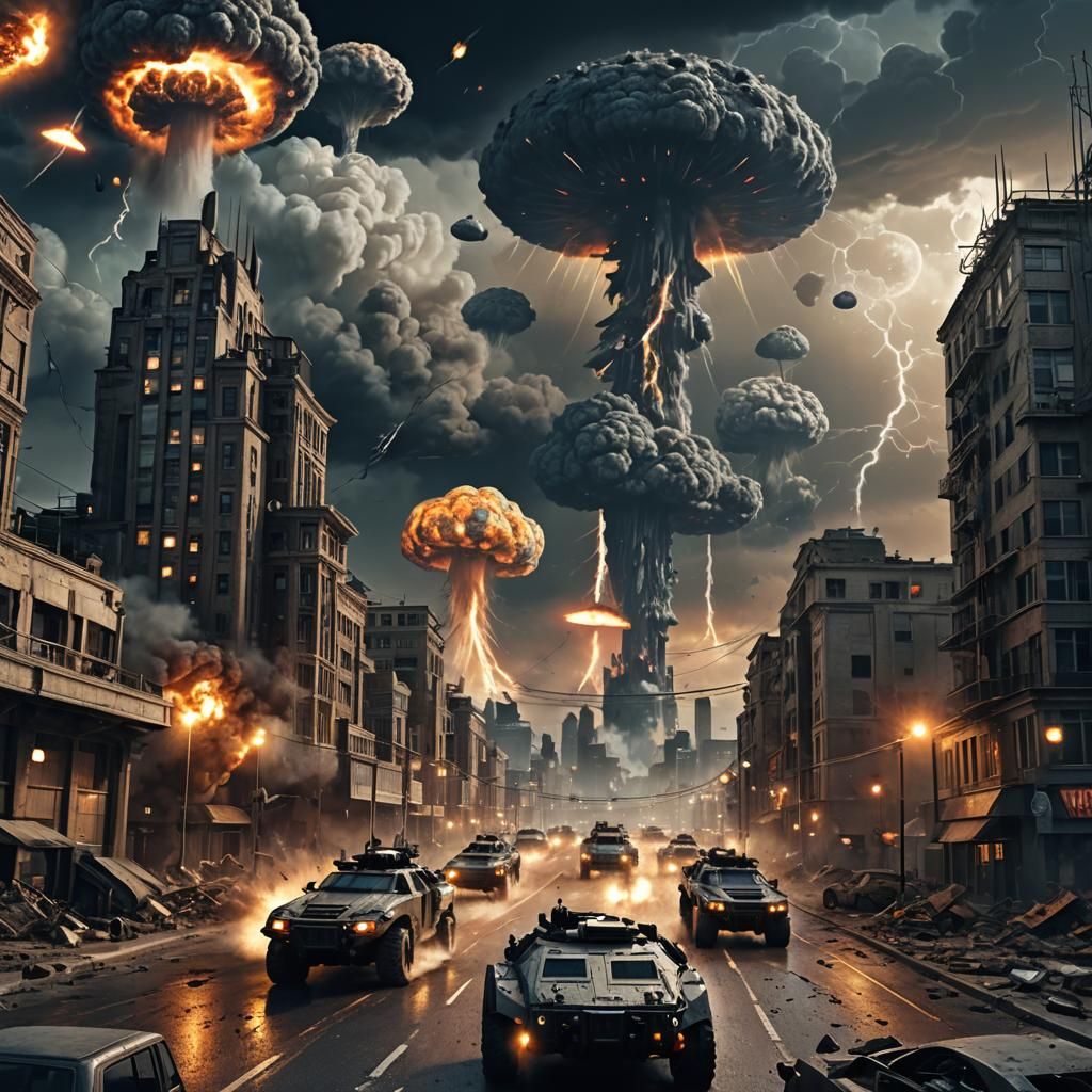 Photorealistic apocalyptic city with futuristic heavily armo...