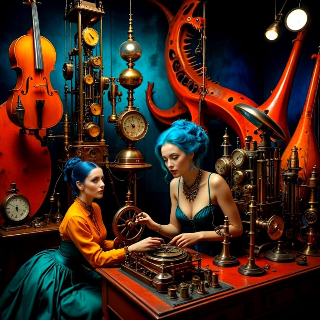 Eccentric Lady in a Vibrant Surrealistic Scene