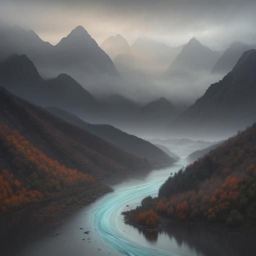 Mystical Asian Landscape with Misty Mountains