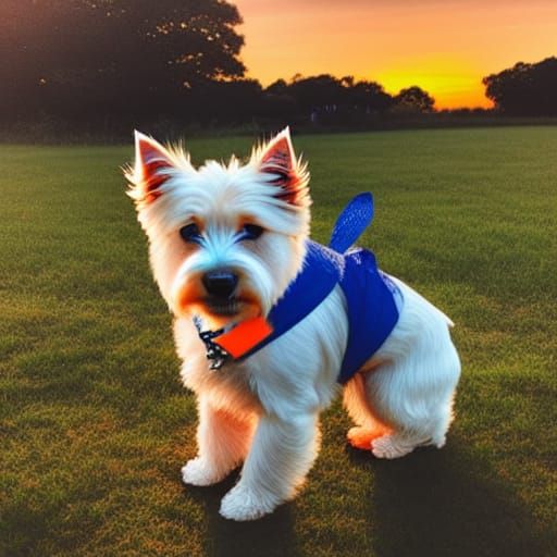 a westie dog in front of an orange & blue sunset
