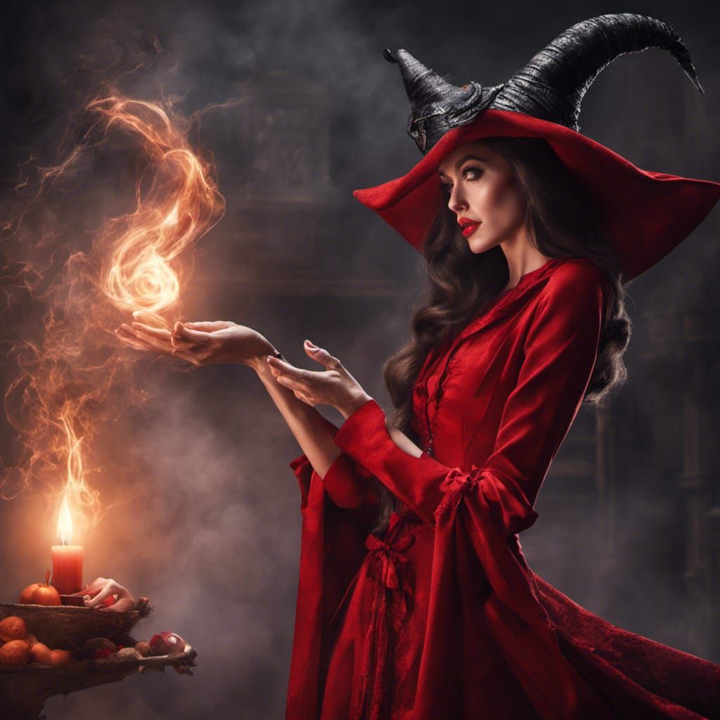 A beautiful witch in a bewitching red outfit, casting a magi...