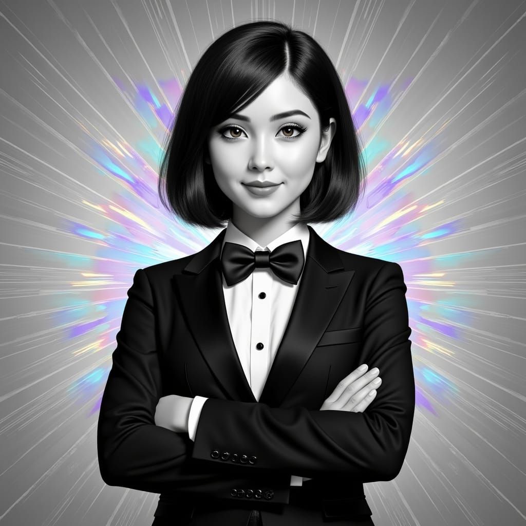 Euphoric Emoscene Girl in Tuxedo with Kaleidoscope Prism Eff...