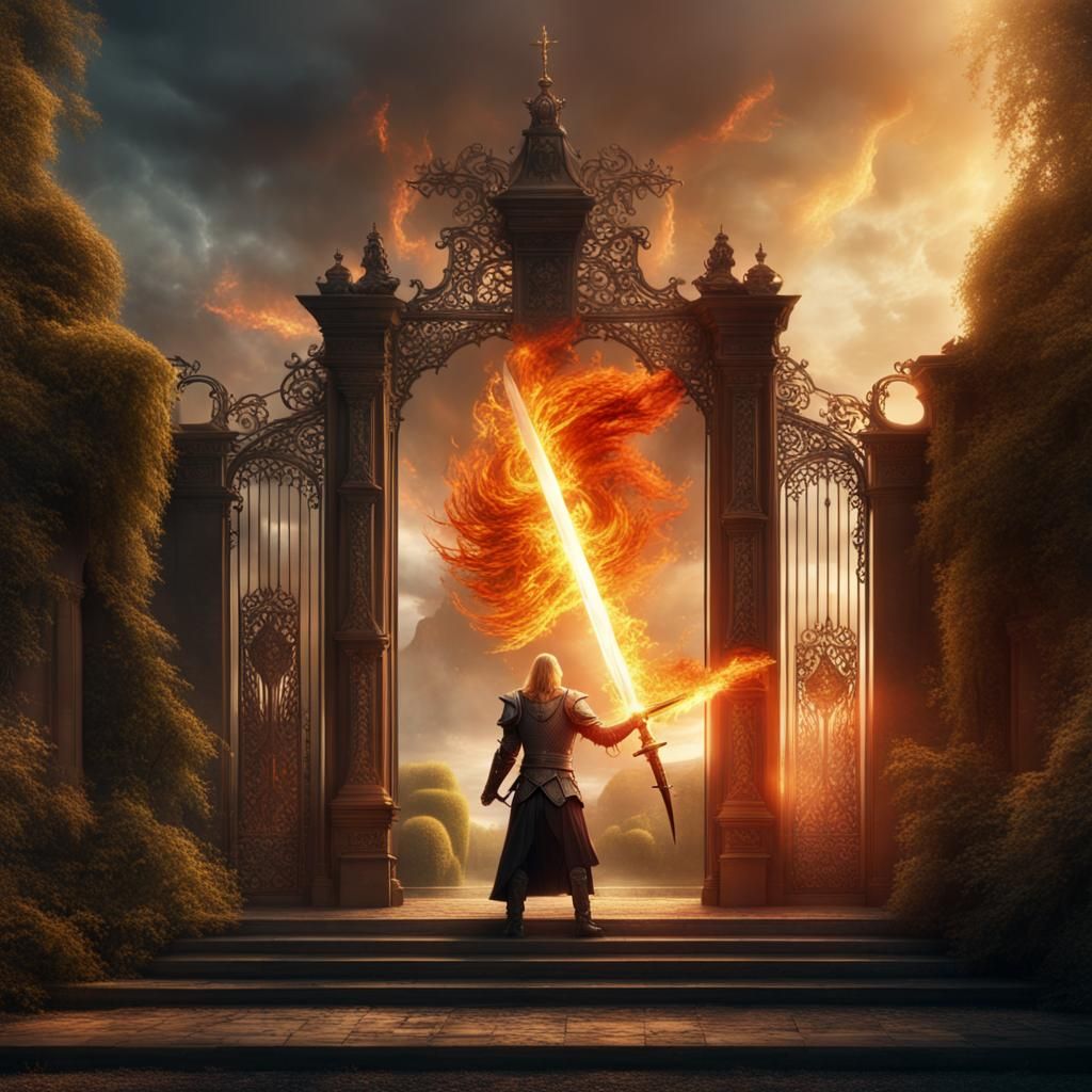Uriel with a flaming sword in front of the gardens gates