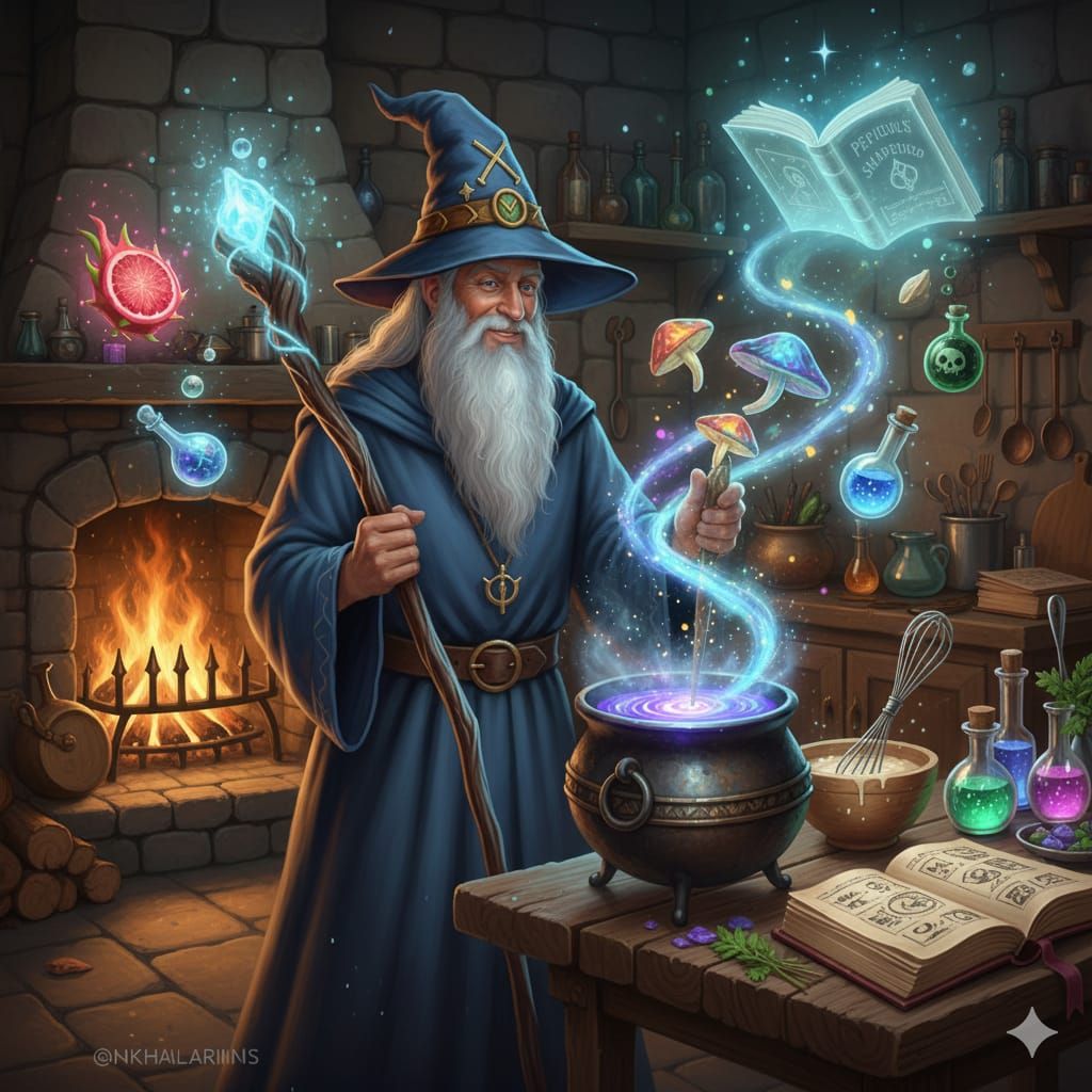 old wizard cooking with magic spells and mushrooms