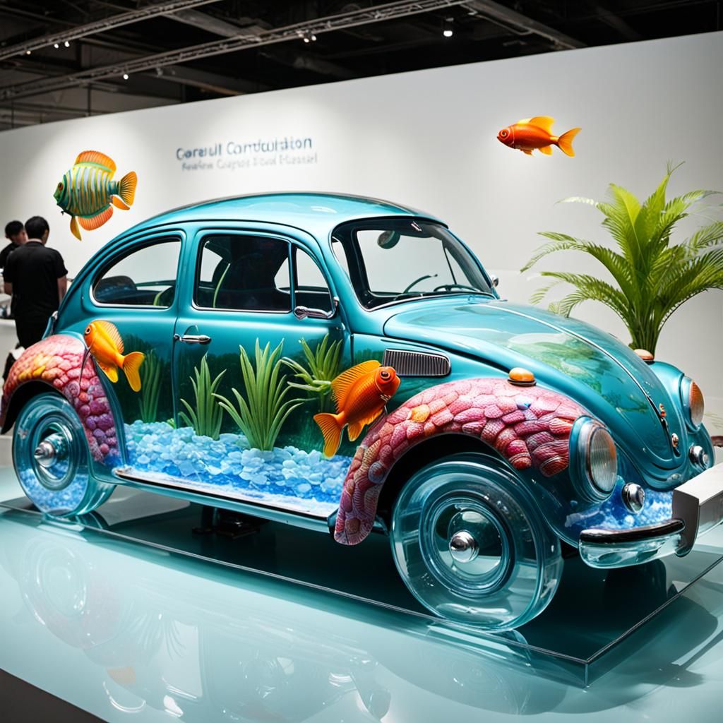 a vw beetle made entirely of glass, filled with water and co...