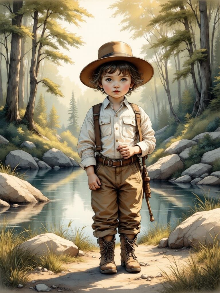 Child Explorer with Sapling in Nostalgic Forest