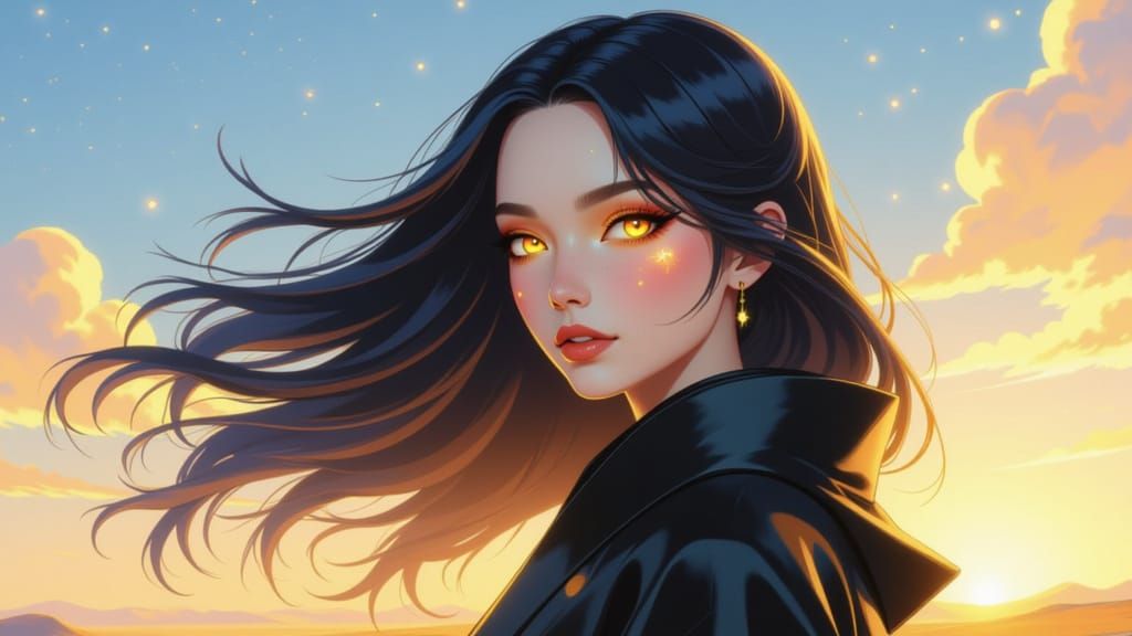 <lora:Radiance:1.0> A female with flowing hair, wearing a coat