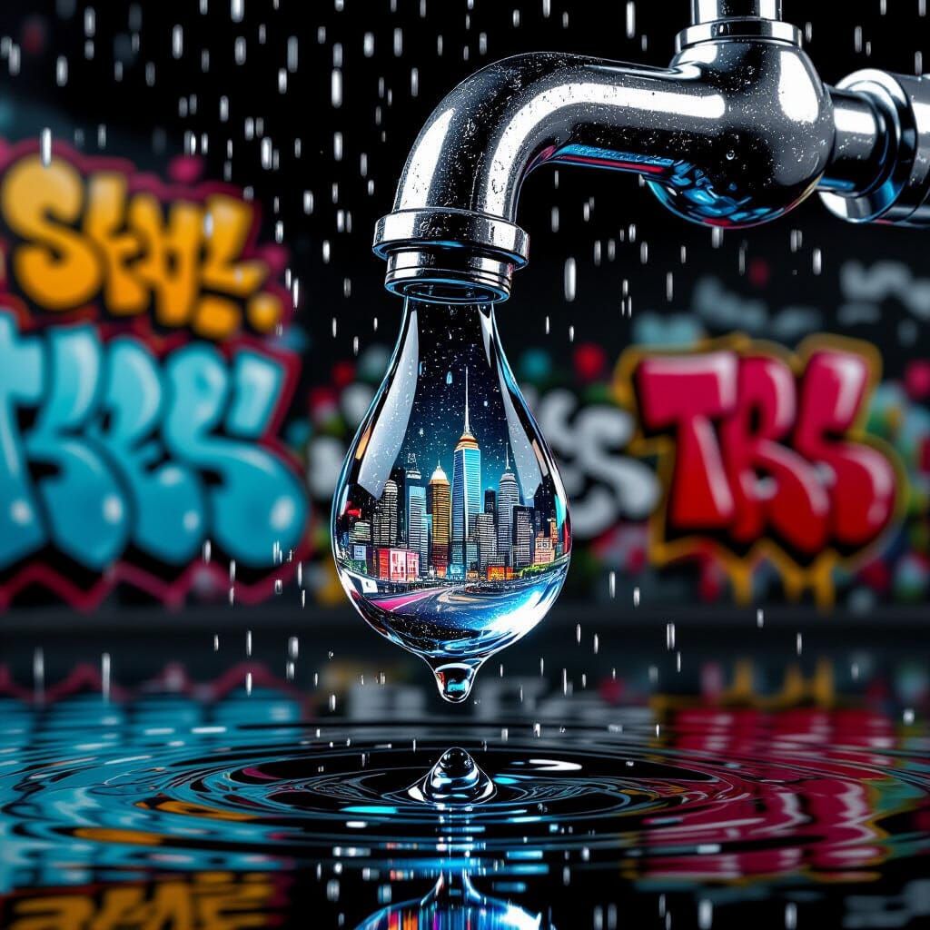 Ultra realistic close up of a rain drop with a little town inside the drop. The drop is falling from ...  by @Loki