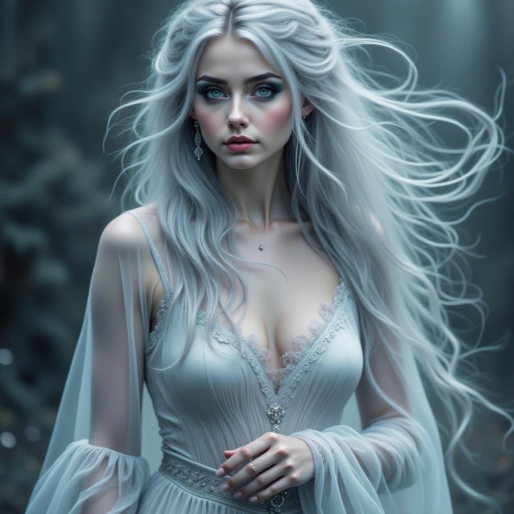 charcoal pastel, otherworldly, dreamlike wonder, mystical, female,<lora:Simply Beautiful2:0.66> beautiful petite ghostly female, wispy grey...
