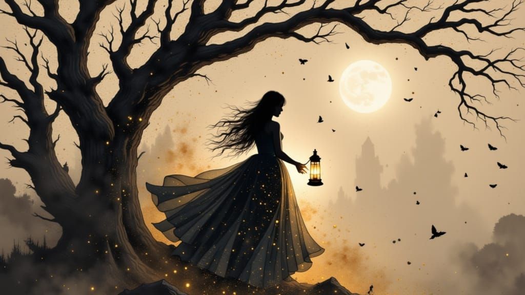 Mysterious Woman in Ethereal Gown, Surrounded by Twisted Tre...