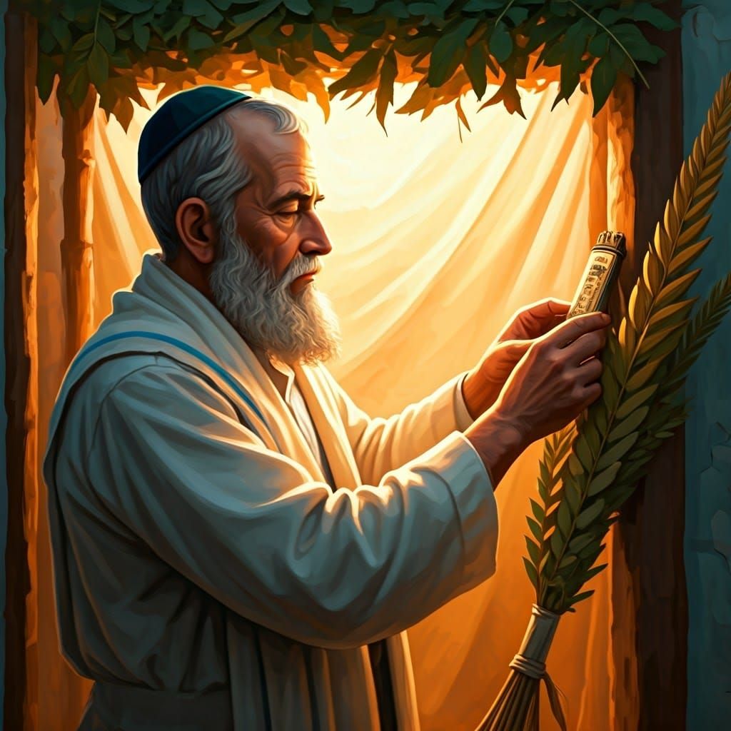 Jewish Man Affixing Mezuzah in Sukkah