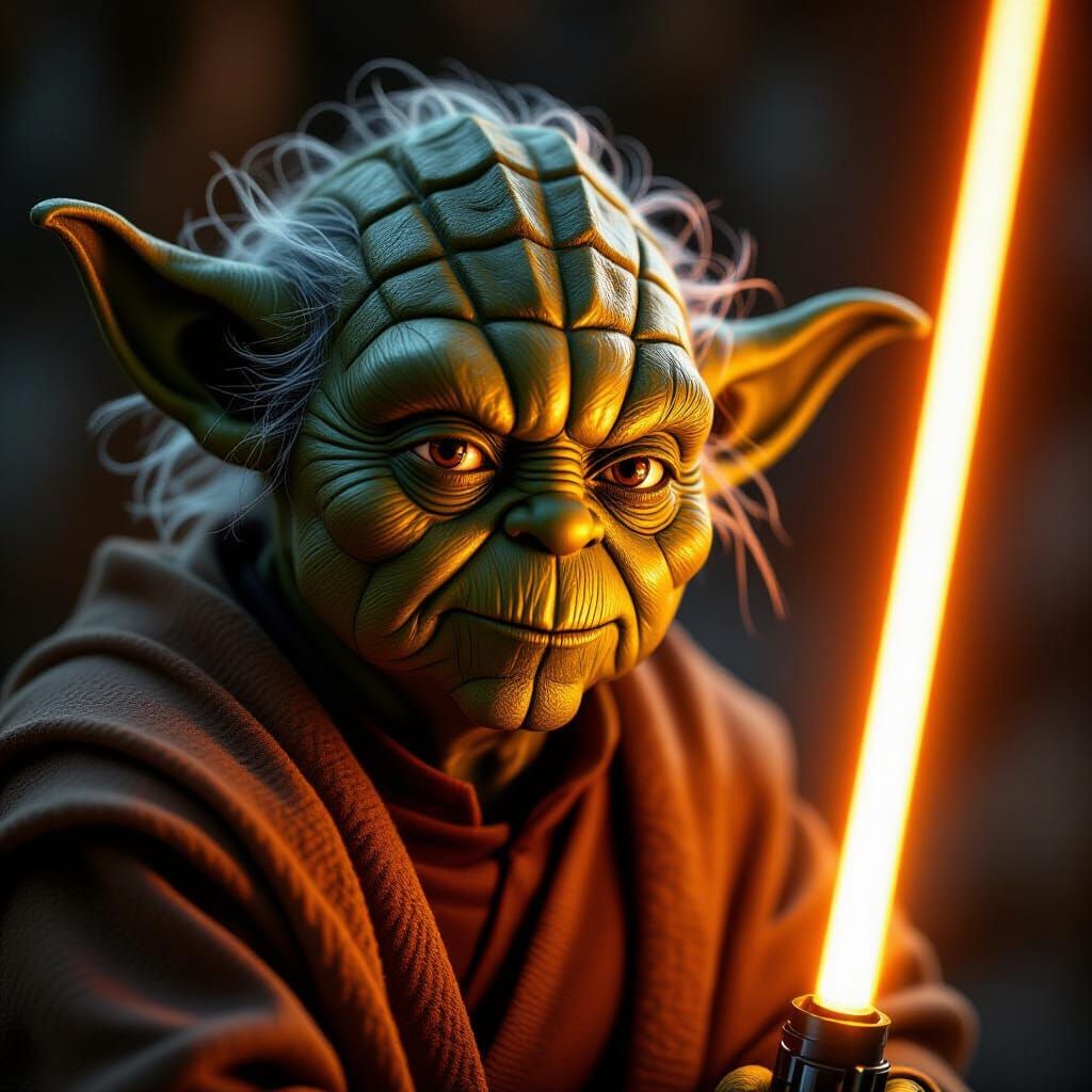 macro photo realistic, super detailed close-up of Master Yoda, half of his face illuminated by the light of an orange lightsaber