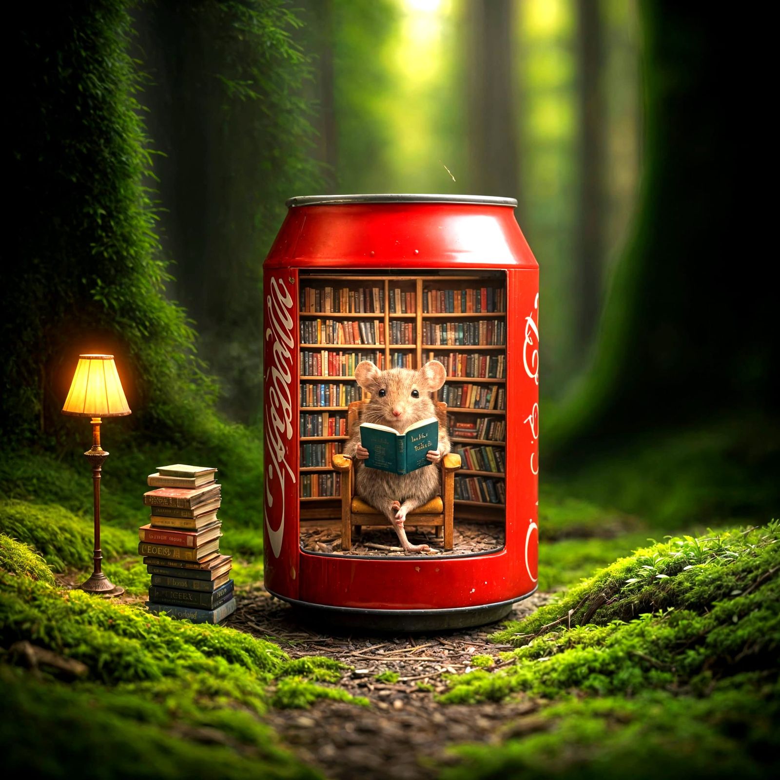 8k,4d,A mini library with books that is in a cola can, a mouse sits on a chair in the cola can and comfortably ...  by @Silverboooom 
