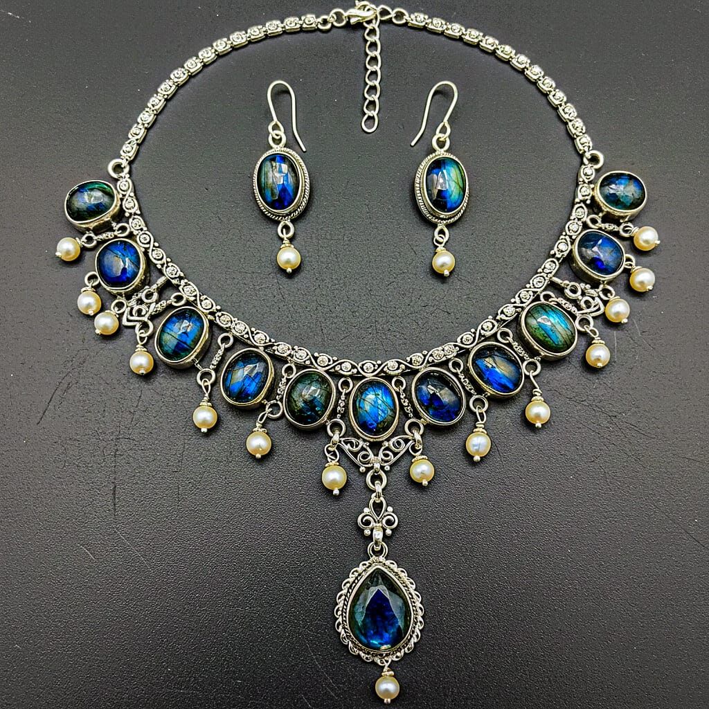 Labradorite, Pearls and Silver Necklace Sets
