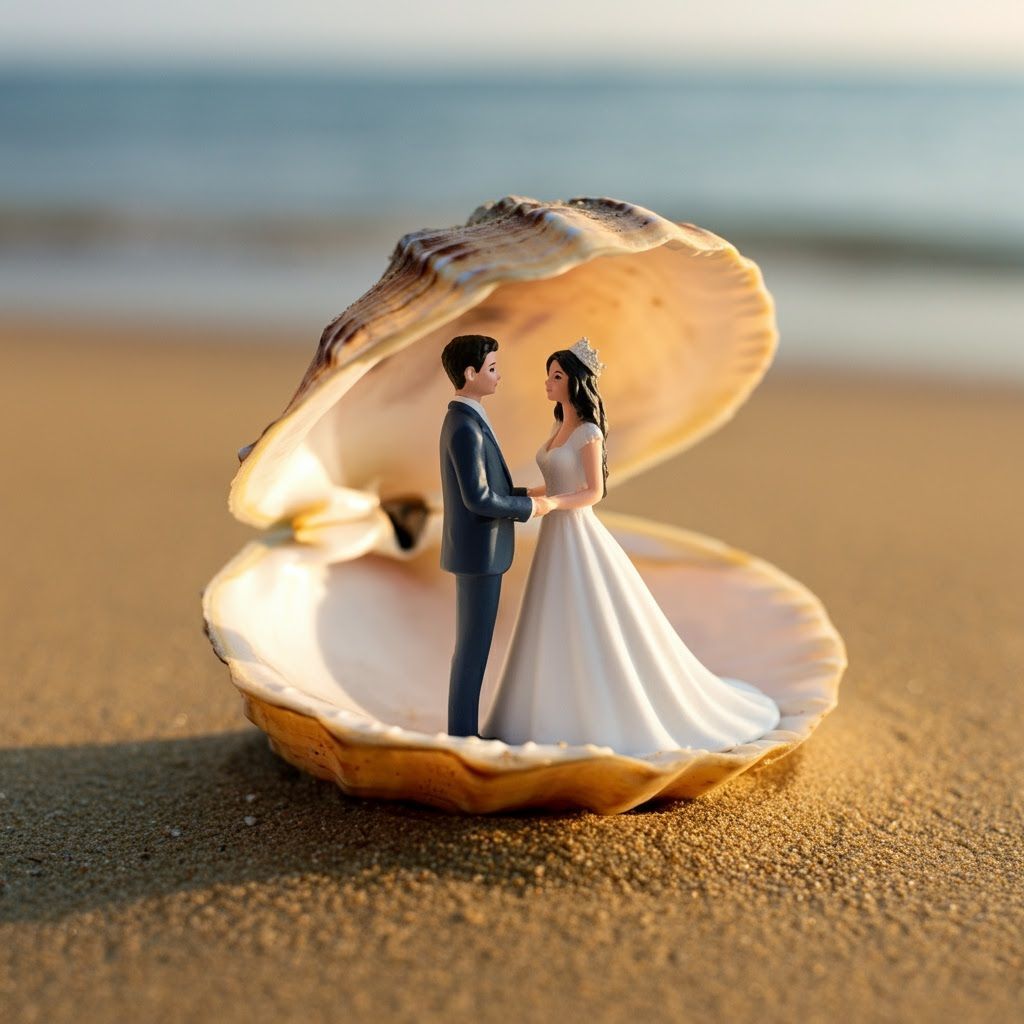 Bride and Groom in Seashell, Whimsical Illustration